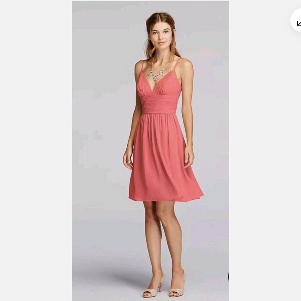 Women's Size 4 David's Bridal Coral V Neck Crinkle Spaghetti Strap Short Dress